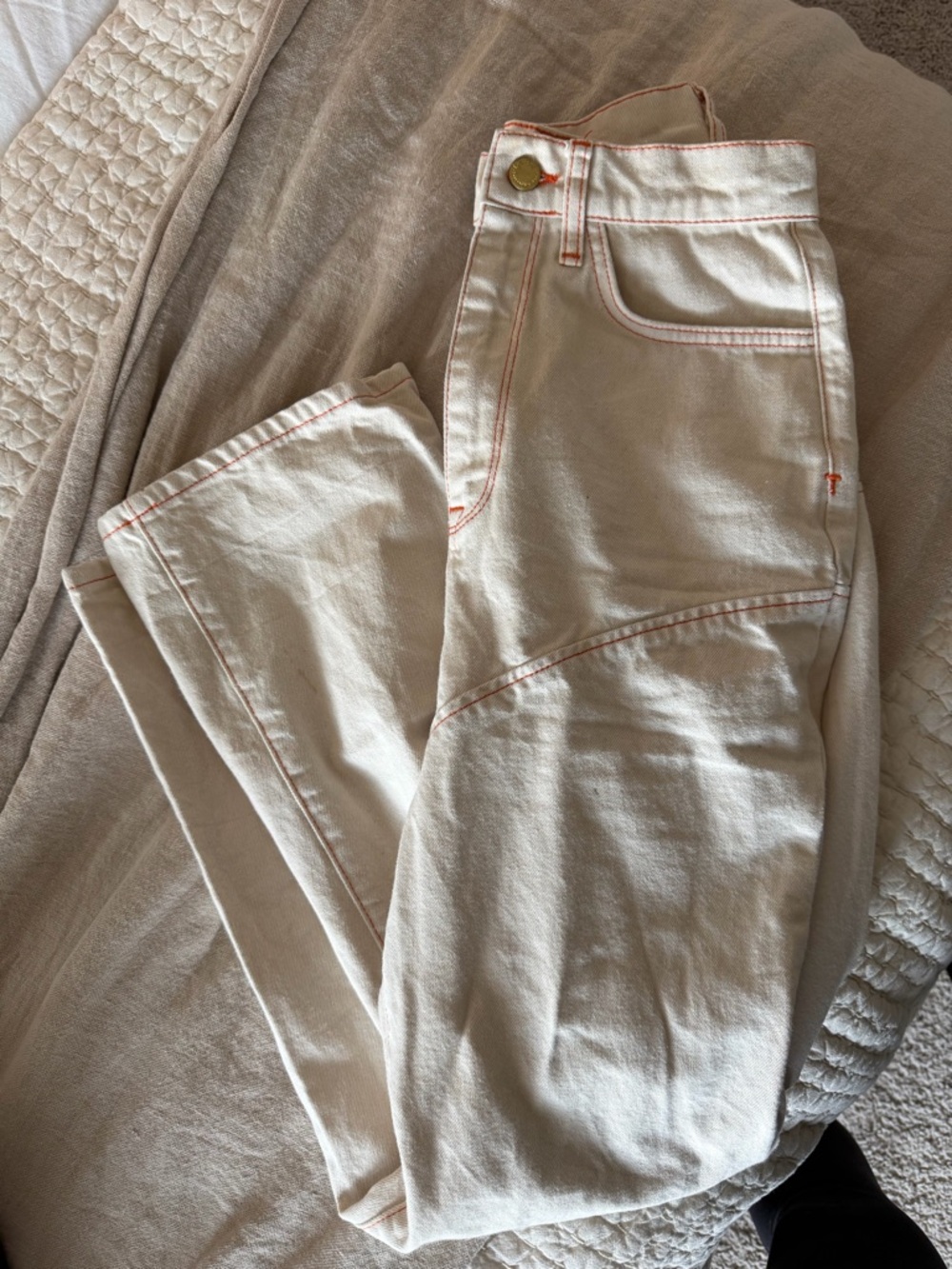 High-Rise Straight Leg Jeans in Cream with Contrast Stitching